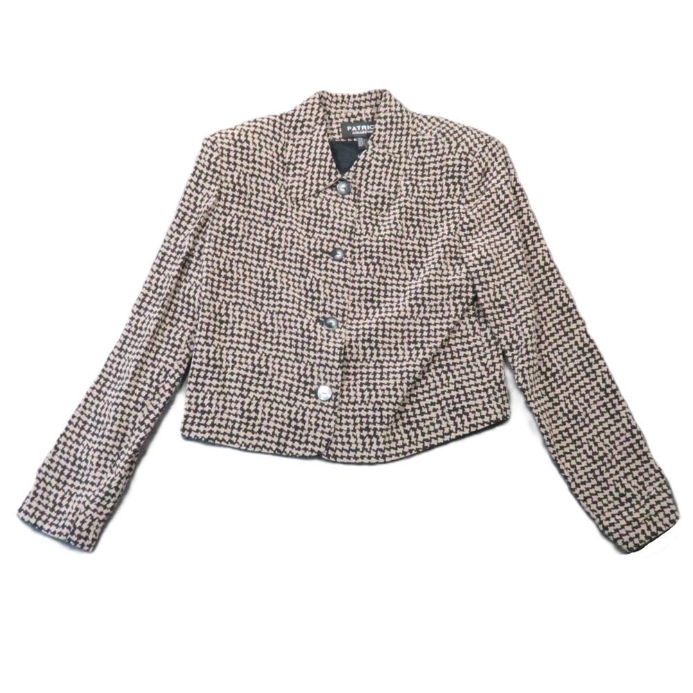 Vintage 100% Silk Houndstooth Blazer 4‎ Tan Black Cropped 90s Office Career Luxe